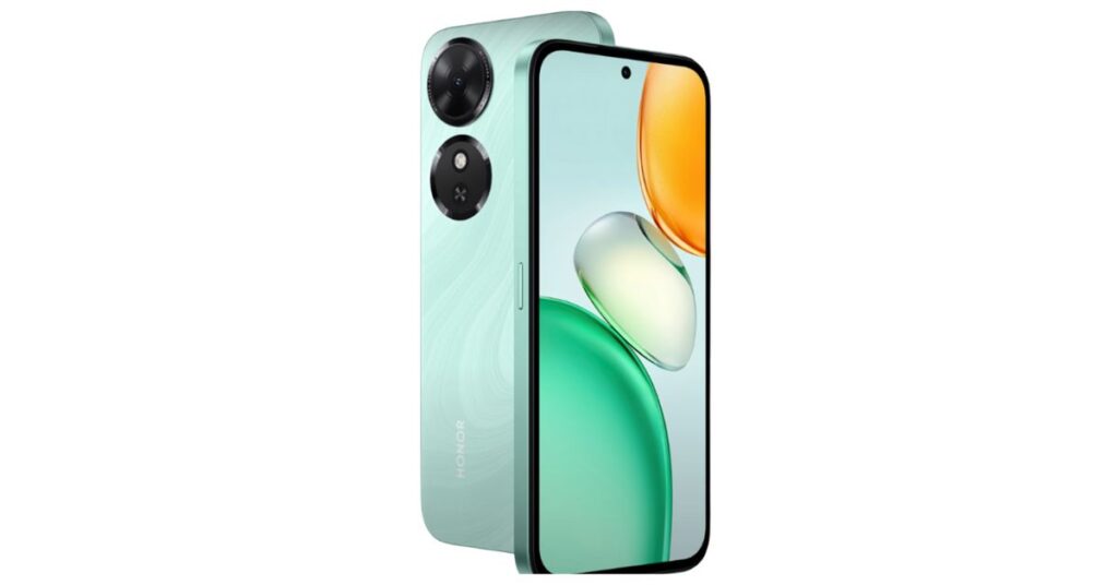 Honor Play 10C Tilt image of front and backside showing modern and slim of mobile