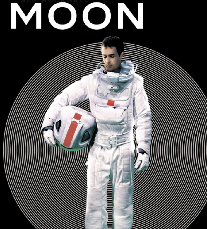 MOON Movie Poster here an astronaut is looking down, carried his helmet on left hand and background is creating spiral illusion 