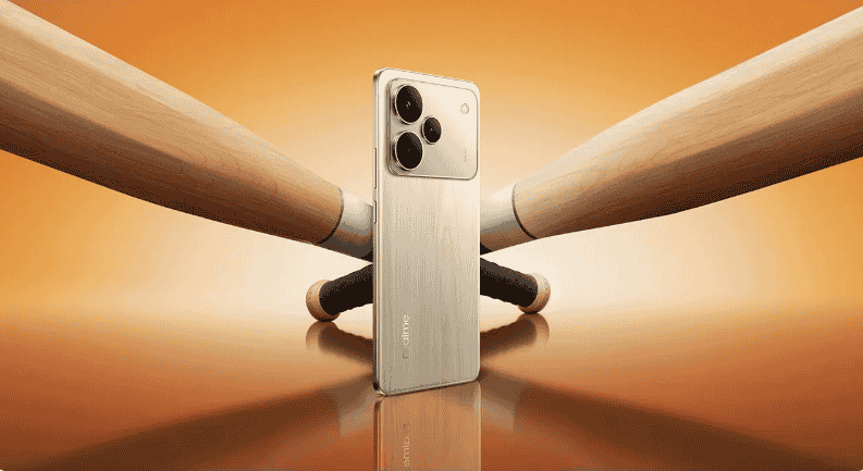 Realme P4 Pro specifications and P4 is placed between baseball bat and showing its slimed look