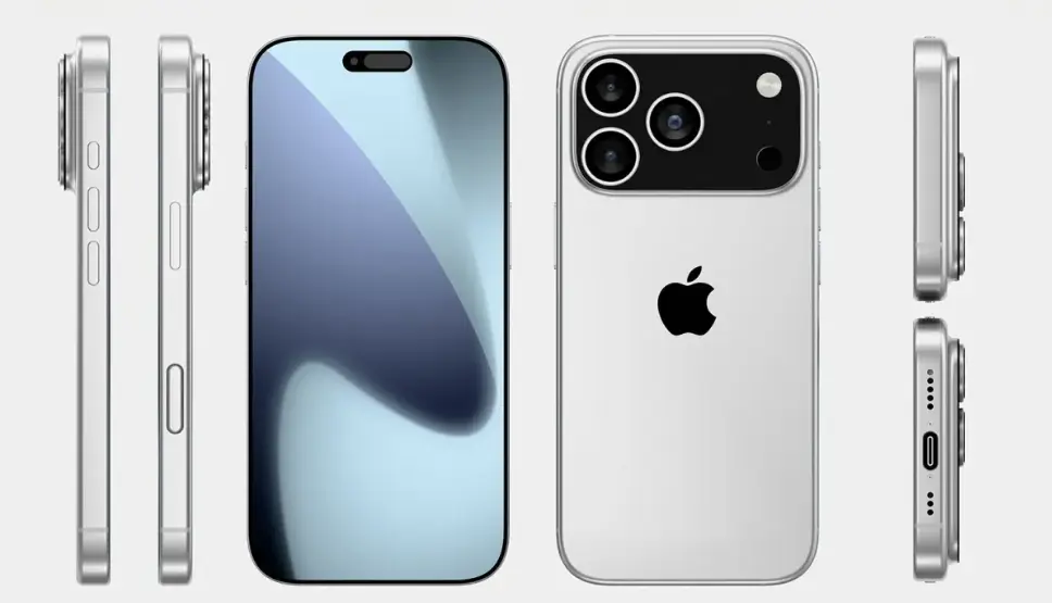 Silver and Space Black render concept of the iPhone 17 Pro with camera island detail.