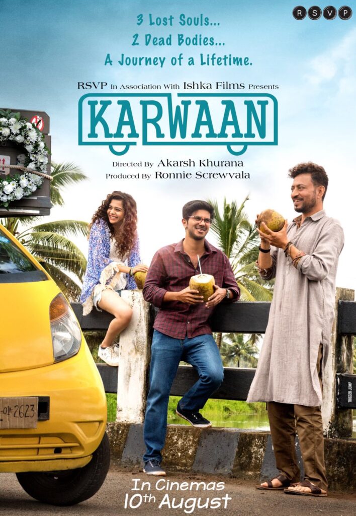 Poster of Karwaan featuring Irrfan Khan, Dulquer Salmaan, and Mithila Palkar in a colorful road-trip setting Best Underrated Bollywood movies