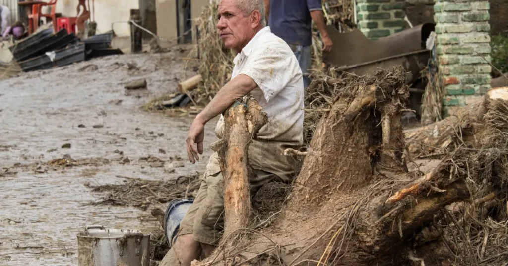 Old man sitting beside the tree and his surrounding is flooded