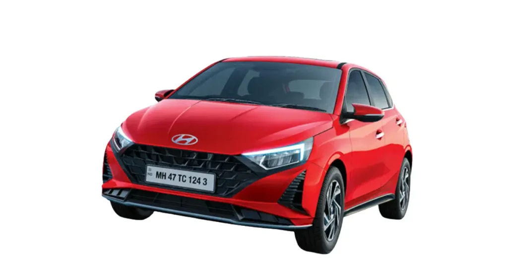 Maruti Swift 2025 vs Hyundai i20 in red color showing front view