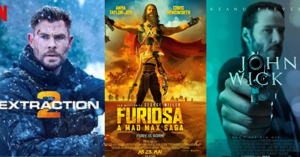 This Poster is a collage of Extraction 2, Furiosa and John Wick Best action movies on Amazon Prime