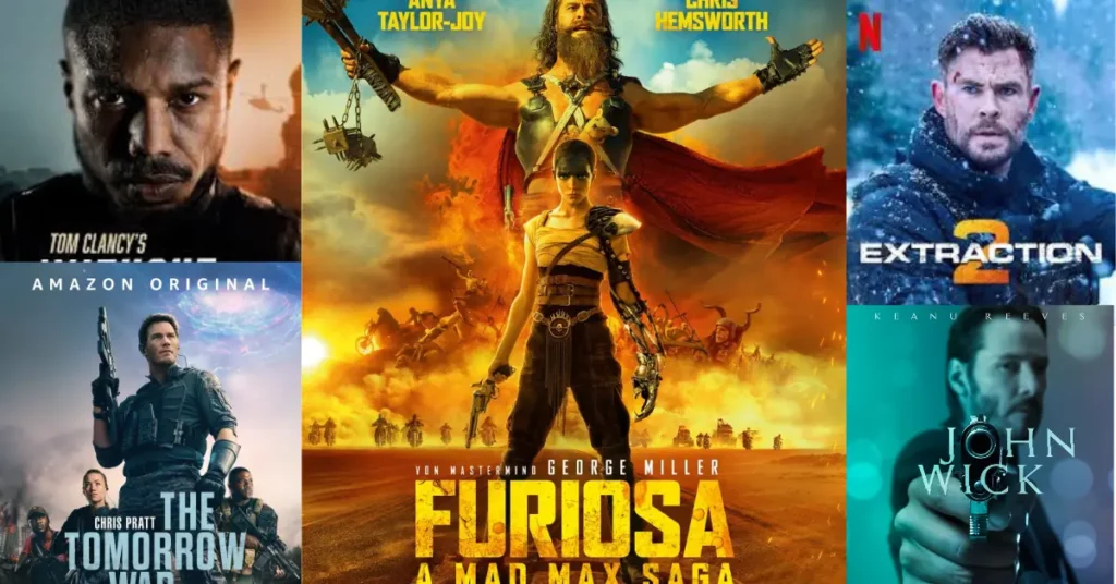 This poster is a collection of 5 movies without Remorse, The Tomorrow War, Extraction, John Wick and at the center Furiosa A Mad Max Saga The Best Action Movies on Amazon Prime Right Now