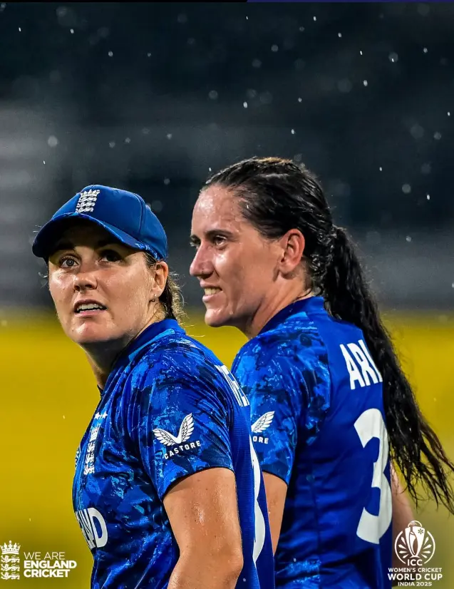 England cricketers during the Pakistan vs England match in the Women’s World Cup 2025 under rain in Colombo.